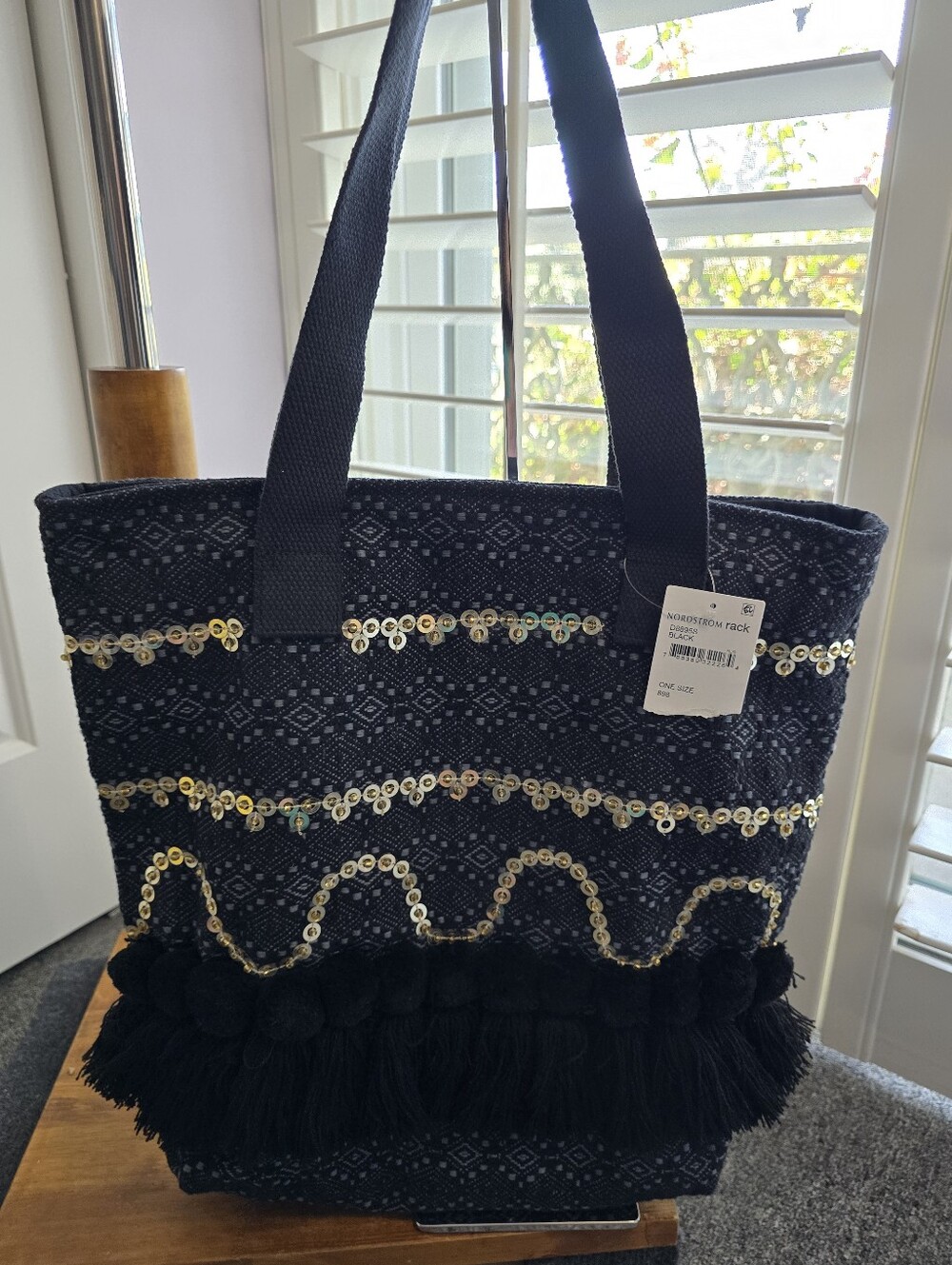 Magrid, Black Pom-Pom, And Gold Sequins, Black And Gray Beach Tote (NWT)